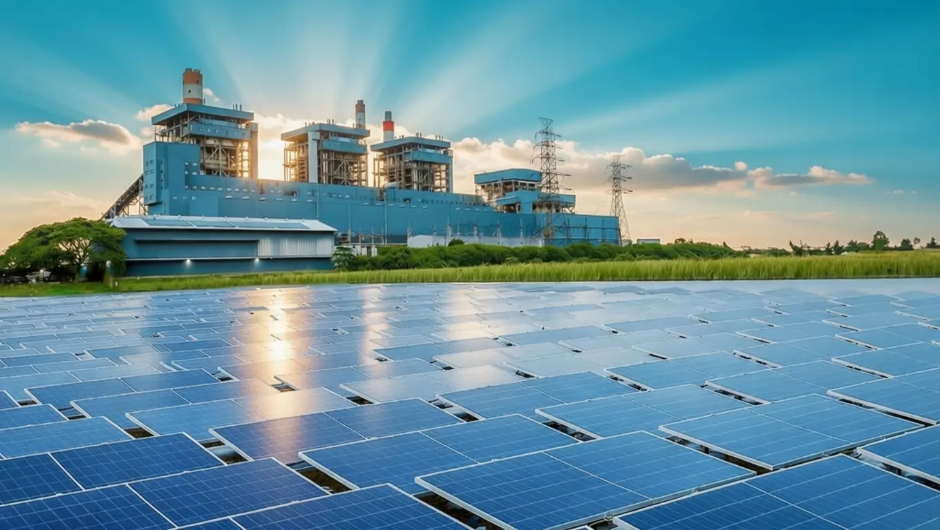Solar panels with power plant and transmission towers in background