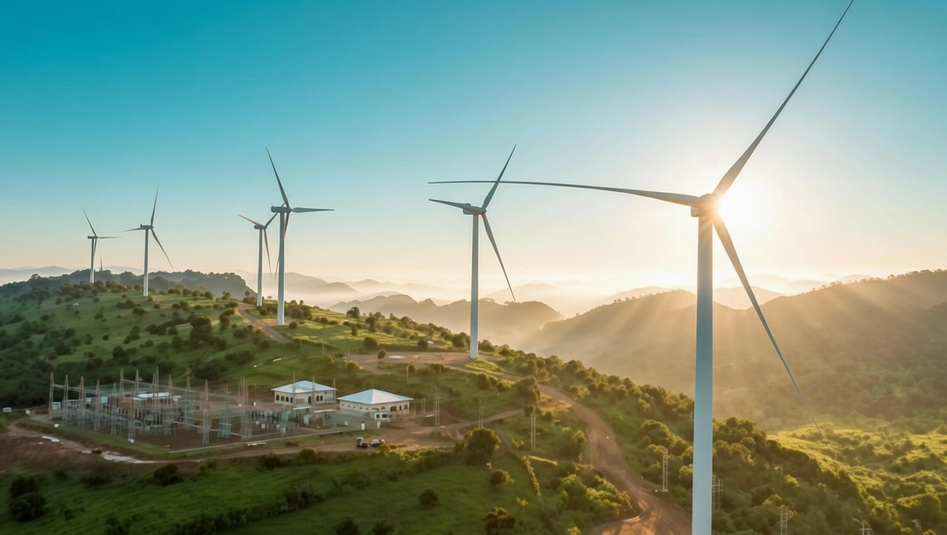 Wind turbines on hillside with substation below