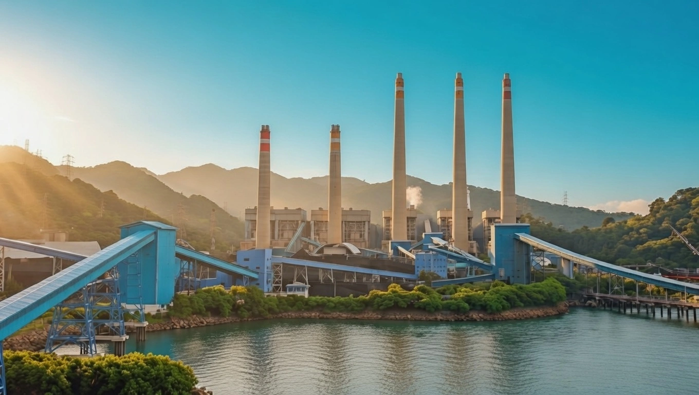 Coal power station near river with conveyor belts